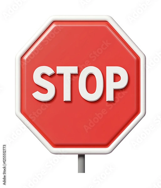 Fototapeta 3d red stop sign with white lettering, cute cartoon sytle. Stop traffic sign, warning signage octagon. Isolated on transparent background.