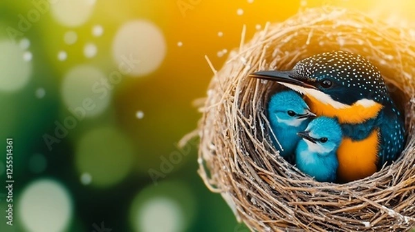 Obraz A vibrant kingfisher perched in a cozy nest with two chicks, surrounded by a blurred green background