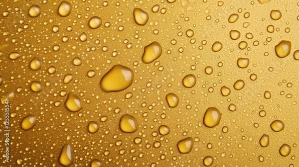 Obraz Close-up of refreshing droplets on a golden surface, perfect for illustrating beverages or condensation themes.