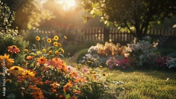 Fototapeta Vibrant Floral Garden with Rustic Fence and Warm Sunlight in a Tranquil Countryside Setting