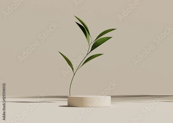 Fototapeta 3D podium display on beige background. Natural green branch with leaves. Cosmetic, beauty product promotion. Pedestal for mockup. Studio showcase. 3D render illustration	