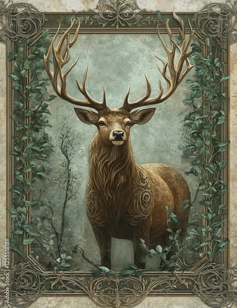 Fototapeta Majestic stag stands proudly amidst lush foliage in a beautifully ornate setting
