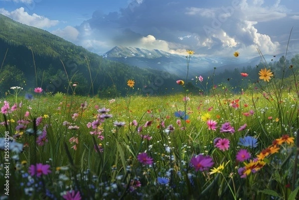 Fototapeta Vibrant Wildflower Meadow in a Lush Forest During the Golden Hour With Sunlight Streaming Through the Trees