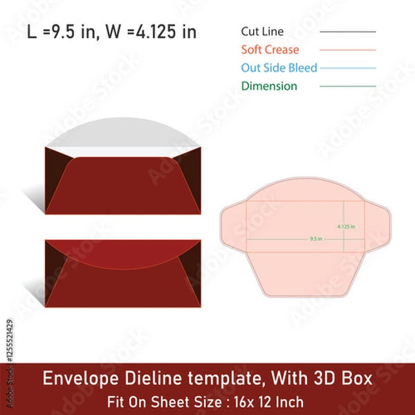 Fototapeta Envelope Dieline template, With 3D Box, Size 9.5 x 4.125, Vector File