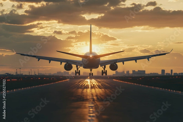 Fototapeta 3D Illustration - Airplane Landing at Sunset on Runway