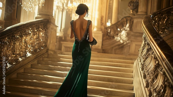 Fototapeta A woman in a green gown is walking down a set of marble stairs. Concept of elegance and sophistication, as the woman is dressed in a formal gown and walking down the stairs with grace