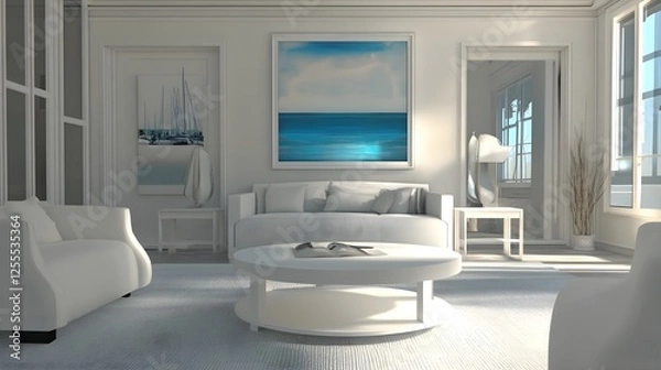 Fototapeta A soothing, balanced living space with harmonious design elements and a centered white frame.