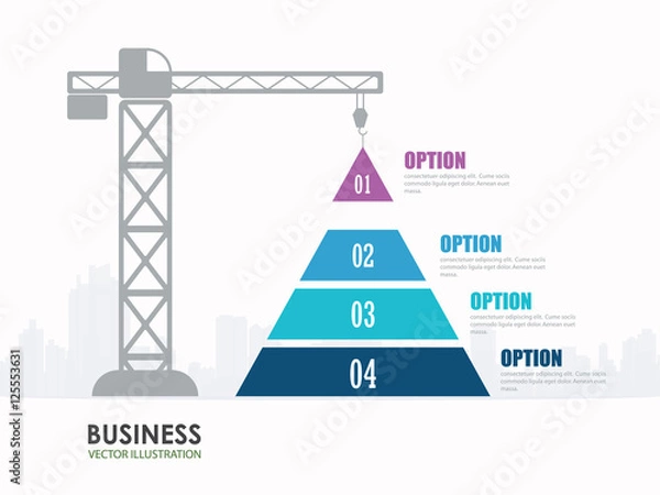 Fototapeta Pyramid chart options construction infographics. Structure and city, build tower crane, vector illustration