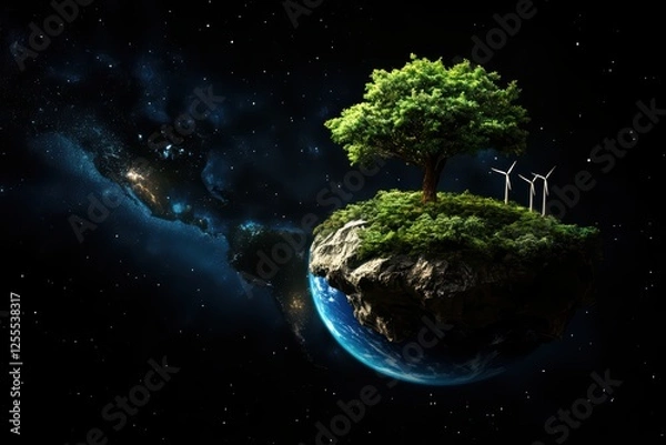 Fototapeta Floating Island with Tree and Wind Turbines in Cosmic Environment