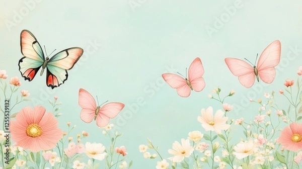 Obraz A serene landscape featuring colorful butterflies among blooming flowers under a soft sky.