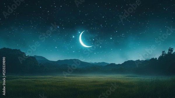 Obraz A serene night sky with a crescent moon illuminating a quiet landscape.