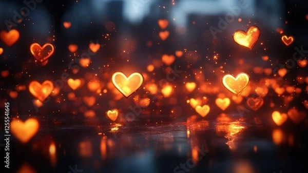 Fototapeta Softly scattered glowing heart icons abstract background digital art warm environment close-up view love concept