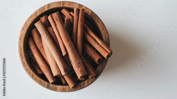 Fototapeta Dried cinnamon sticks spice in a wooden bowl top view side, white background