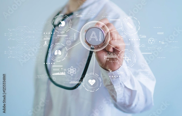 Fototapeta Doctors and the Virtual Medical Revolution and Technological Advances Artificial Intelligence (AI) Deep Learning for Medical Research and Future Health Technology