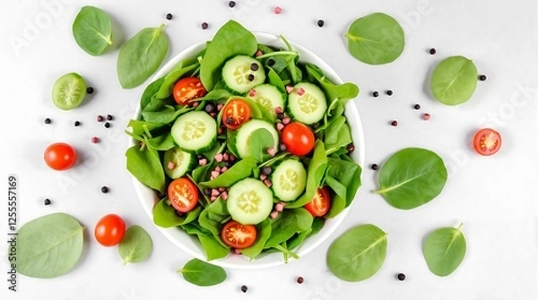 Fototapeta Salad with Cherry Tomatoes and Cucumber in a White Bowl