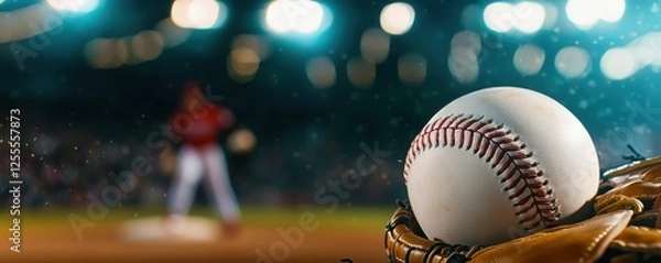 Fototapeta A baseball rests in a glove with a blurred player in the background, illuminated by stadium lights, capturing the essence of a night game.