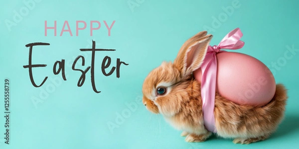 Obraz Funny easter concept holiday animal celebration greeting card with text - cute easter bunny rabbit with easter egg, isolated on blue background