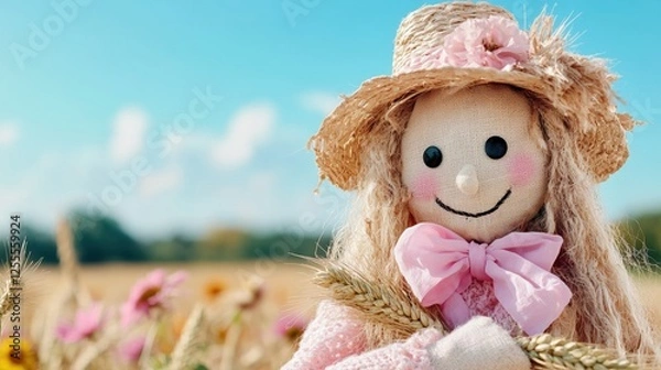 Fototapeta Smiling straw doll in sunlit field with wheat and flowers