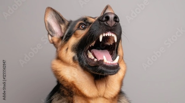 Obraz Alert german shepherd with open mouth showcasing teeth and ears against gray background