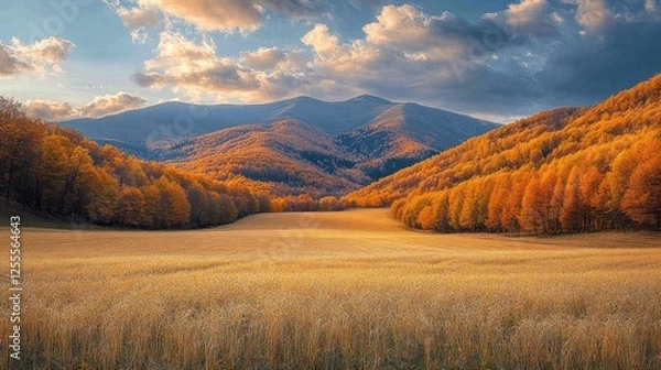 Fototapeta Vibrant autumn landscape with golden field and colorful mountain forest at sunset.