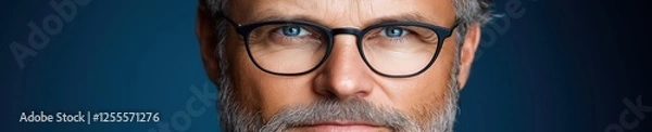 Fototapeta Close-up of a man with glasses smiling softly, showcasing mature features and thoughtful expression