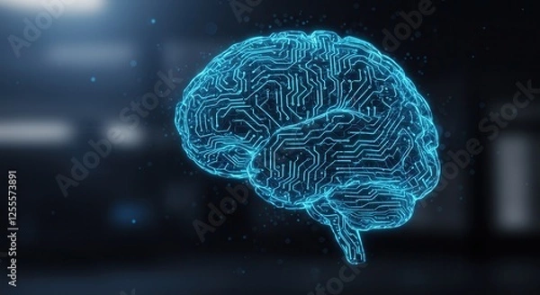 Fototapeta Close up glowing polygonal brain hologram on blurry bokeh background. Artificial intelligence and machine learning concept.