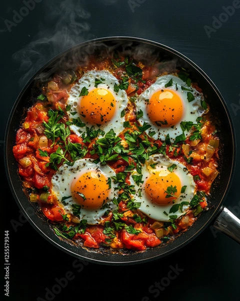 Fototapeta A steamy pan of shakshuka presented from above, with dollops of fresh herbs scattered over the