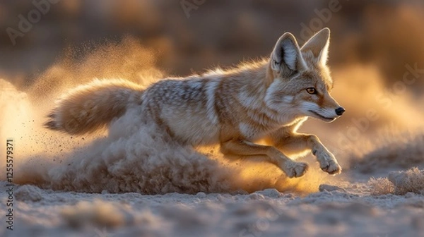 Fototapeta A swift fox running through desert sand at sunset, dust billowing around its paws.