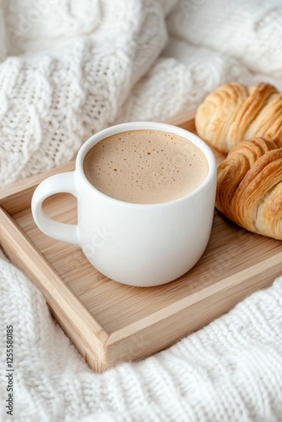 Fototapeta A close-up of a cozy bed setting where a small wooden tray carries a cup of hot coffee and a couple