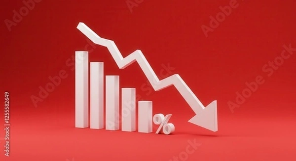 Fototapeta falling white chart arrow with percent icon on wide red background with mock up place. Falling interest rates and mortgage concept. 3D Rendering.