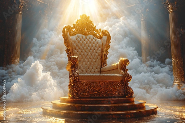Obraz Ornate throne in majestic hall with clouds and light rays, ideal for fantasy concepts