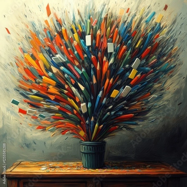 Fototapeta Colorful explosion of pencils in a pot, symbolizing creativity and inspiration