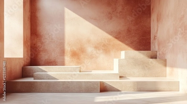 Fototapeta A minimalist abstract podium with floating elements and a clean, neutral background