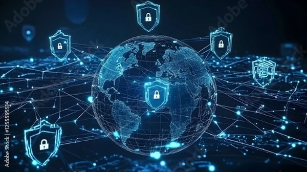 Fototapeta A world globe with interconnected nodes, symbolizing global connectivity, overlaid with subtle cybersecurity.represents global cybersecurity, data protection, secure networks, and digital connectivity