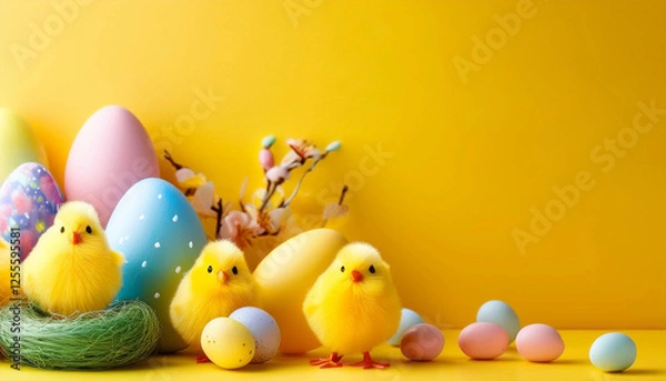 Fototapeta Happy Easter celebration greetings background with colorful eggs, decorations and yellow wallpaper
