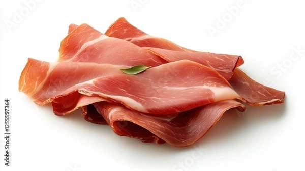 Fototapeta Iberico cured meat enhances flavorful appetizers. Sliced cured meat arranged on a white background.