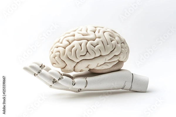 Fototapeta Conceptual image of AI robot cyborg hand holding human brain on white background. Symbol idea of robots taking over intellectual tasks from human. Artificial intelligence. Future world technology.