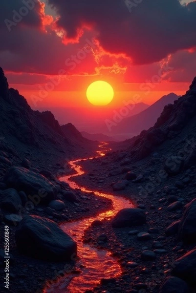 Fototapeta Sun dips below volcanic rocks, fiery hues fill sky , cliff, peaceful, paradise