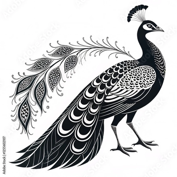 Fototapeta Minimalist and Graceful Black-and-White Line Art Illustration of a Majestic Peacock, Perfectly Isolated on a Clean White Background