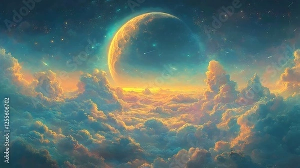 Fototapeta Celestial Cloudscape: Warm light illuminates vibrant cloudscape below a crescent planet. AI Generated