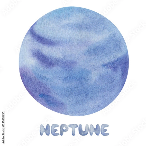 Obraz Watercolor illustration. Hand painted blue, violet planet Neptune of Solar system with name. Space and outer space. Extraterrestrial object. World Space Week. National Space Day. Isolated clip art