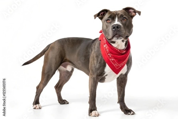 Fototapeta Pitbull wearing red bandana standing in front of white background