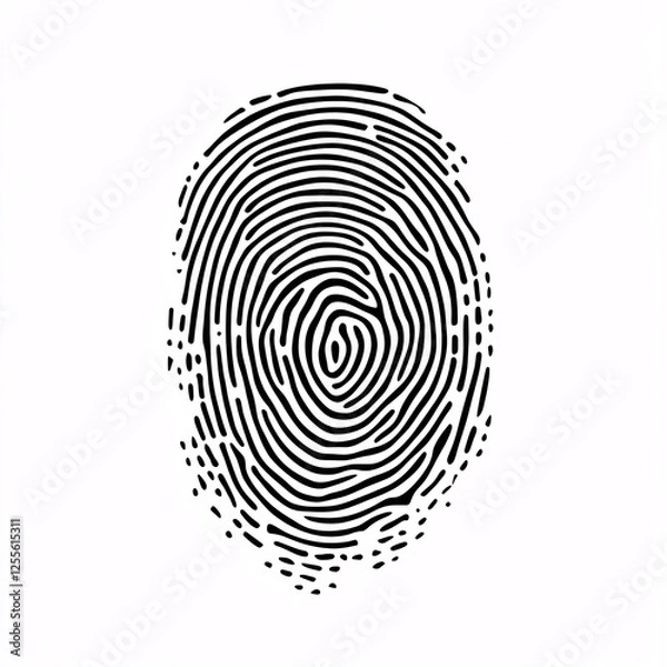 Fototapeta A high-contrast black-and-white fingerprint illustration on a plain white background, emphasizing unique identity, security, and individuality