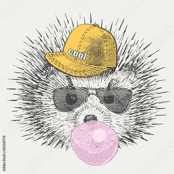 Obraz cute hedgehog in the hat and sunglasses inflates bubble chewing