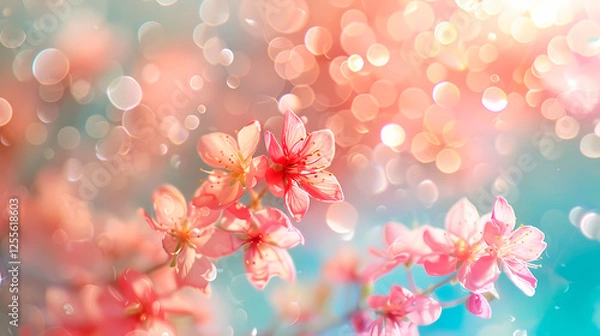 Fototapeta Beautiful gentle spring background with flowering branches. Empty space for text. For postcard, invitation, background