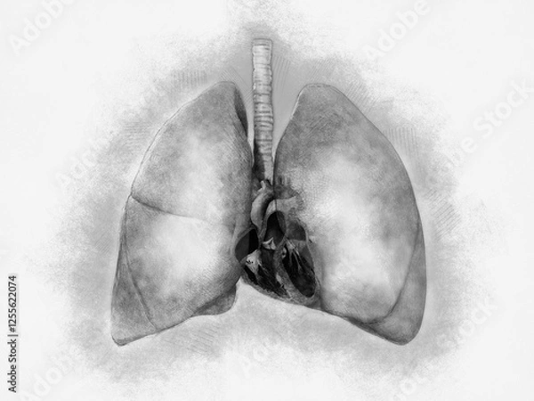 Obraz A detailed anatomical illustration of the human lungs, trachea, and bronchi, highlighting the respiratory system s structure and function in gas exchange, 2d 3d graphic