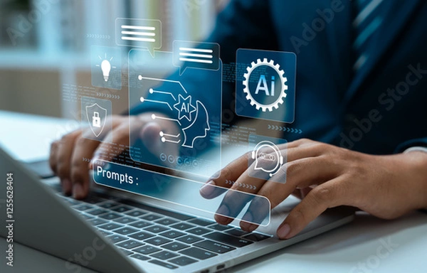 Fototapeta Businessman use artificial intelligence AI technology for enhanced work efficiency data analysis and efficient tools, Unlocking work potential with AI solutions chatbot help solve work problems.