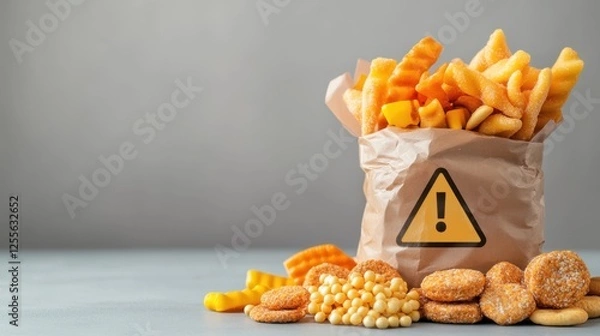 Obraz Bag filled with various ultra-processed snacks and colorful packaging close-up