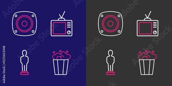 Fototapeta Set line Popcorn in cardboard box, Movie trophy, Retro tv and Stereo speaker icon. Vector