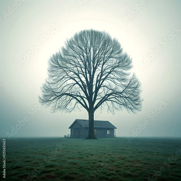 Fototapeta Solitary Tree and Cabin in Foggy Field